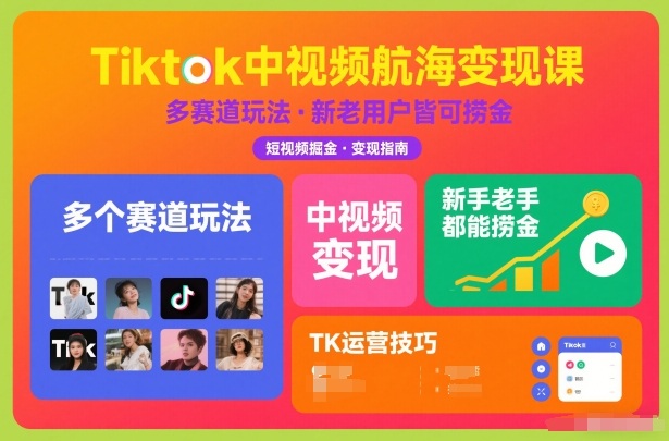 Tiktok中视频航海变现课,多个赛道玩法,新手老手都能在TK中视频捞金-灵感工坊云网创