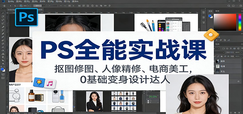 PS全能实战课：抠图修图、人像精修、电商美工，0基础变身设计达人-灵感工坊云网创